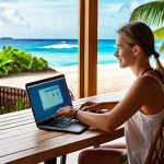 **

A digital nomad working on a laptop in a vibrant co-working space near a tropical beach, showcasing the blend of work and leisure. Include elements like a modern laptop, a cup of coffee, and a view of the ocean in the background. The overall tone should be inspiring and showcase the freedom of the digital nomad lifestyle.

**